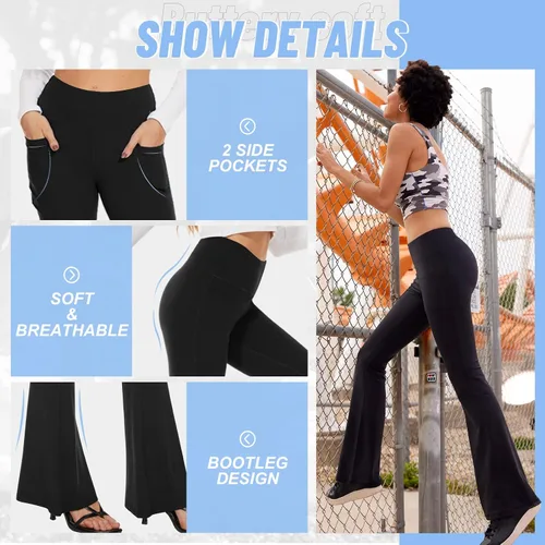 Miniatura 46 de TNNZEET Leggings acampanados negros para mujer, pantalones de yoga cruzados con bolsillos, corte de bota, leggings acampanados
