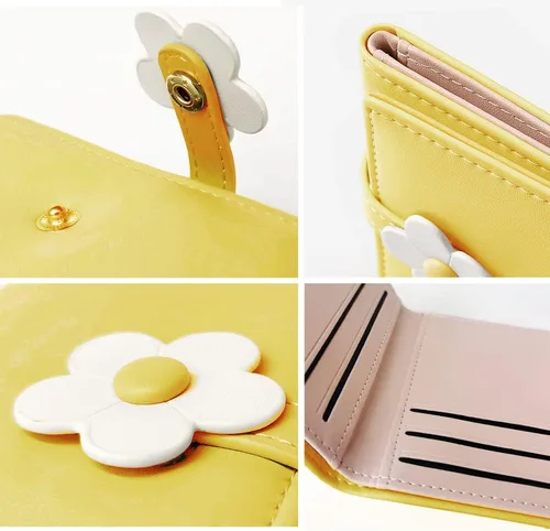 Miniatura 21 de MEISEE Billetera pequeña para niñas y mujeres, billetera de tres pliegues, bolsillo para efectivo, con estampado de flores, monedero con ventana