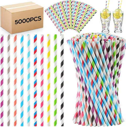 Miniatura 12 de Eaasty 1200 Pcs Biodegradable Colored Paper Straws Bulk Disposable Striped Assorted Colors Drinking Paper Straws for Summer Juice, Shakes