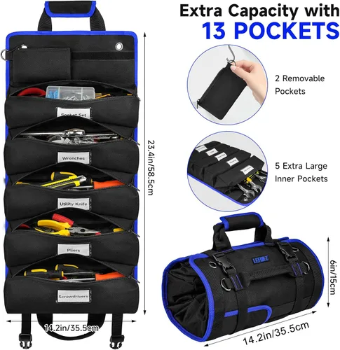 Miniatura 3 de Bolsa de herramientas, organizador grande de herramientas enrollable, bolsa de almacenamiento de rollo de herramientas de 13 bolsillos, bolsa