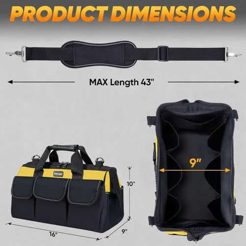 Miniatura 4 de TICONN Bolsa de herramientas de boca ancha con múltiples bolsillos con correas reflectantes de seguridad, correa de hombro ajustable y mango Amarillo