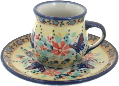 Blue Rose Polish Pottery - Taza y platillo de café expreso de mariposa amarilla y azul - 3 onzas - Taza y platillo únicos, perfecto para el desayuno