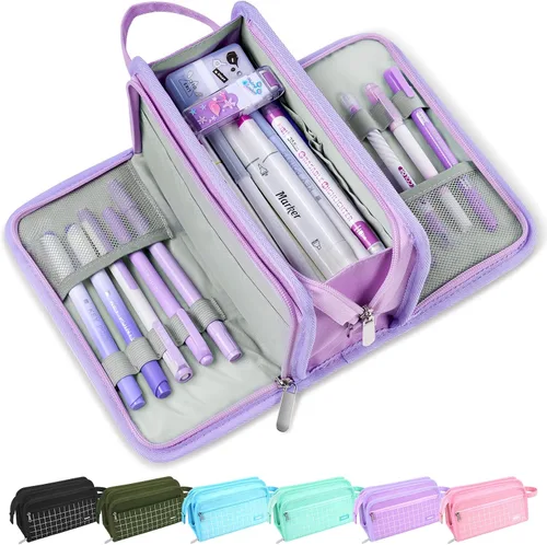 Miniatura 16 de Sooez Estuche grande para lápices, bolsa para lápices de gran capacidad con 3 compartimentos, organizador portátil de artículos de papelería de lona
