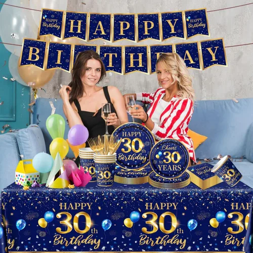 Miniatura 2 de Decoración de 30 cumpleaños para hombres - Juego de 142 piezas de vajilla de cumpleaños azul marino y dorado (sirve para 20) Incluye pancarta feliz