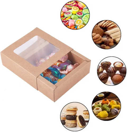 Miniatura 6 de BENECREAT Paquete de 20 cajas cuadradas de papel kraft de 3.5 x 3.5 x 1.2 pulgadas, caja de cajón con tapa de ventana de PVC para fiesta de Marrón