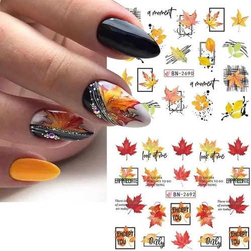 Miniatura 6 de 500 patrones de calcomanías de uñas de otoño para mujer, calcomanías de agua de dibujos animados, calabaza, hongo, hoja de arce, calcomanías
