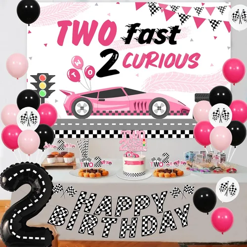 Miniatura 3 de Sursurprise Dos decoraciones de cumpleaños rápidas para niña, dos fondos de fondo curiosos de Fast 2 para decoración de tartas, pancarta de auto
