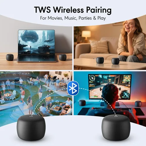 Miniatura 4 de Altavoz Bluetooth portátil, ultra compacto con Bluetooth 5.4 y ranura para tarjeta TF Tiempo de reproducción de 10 horas, estéreo TWS, llamadas
