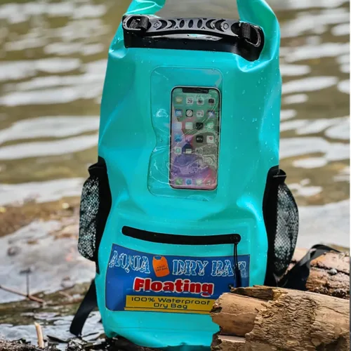 Miniatura 8 de Mochila impermeable de 28 L, bolsa seca verde azulado para teléfono celular con ventana exterior para un fácil uso durante todos los deportes