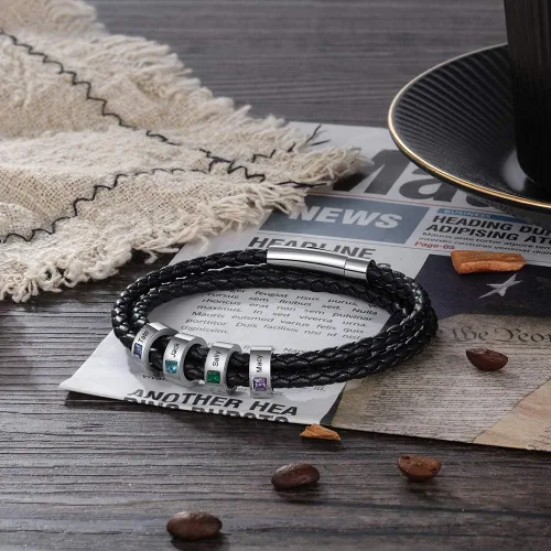 Miniatura 45 de Pulsera personalizada para el Día del Padre para hombre, pulseras personalizadas de cuero trenzado negro con cuentas grabadas de 1 a 8 nombres