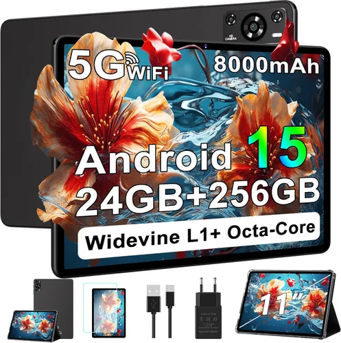 Tablet de 11 pulgadas, tabletas Android 15 2025 con Octa Core, 24GB+256GB, cámara de 13+5MP, tabletas electrónicas con Widevine L1, batería de Negro