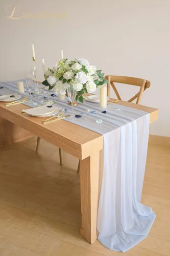 Miniatura 3 de Lookein Camino de mesa de gasa azul polvoriento de 10 pies, mantel transparente para boda, 29 x 120 pulgadas, decoración rústica de boda, camino