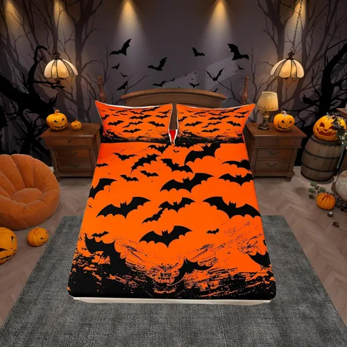 Juego de ropa de cama con diseño de murciélagos de tamaño individual, color negro y naranja, para niñas, adolescentes, decoración de dormitorio,