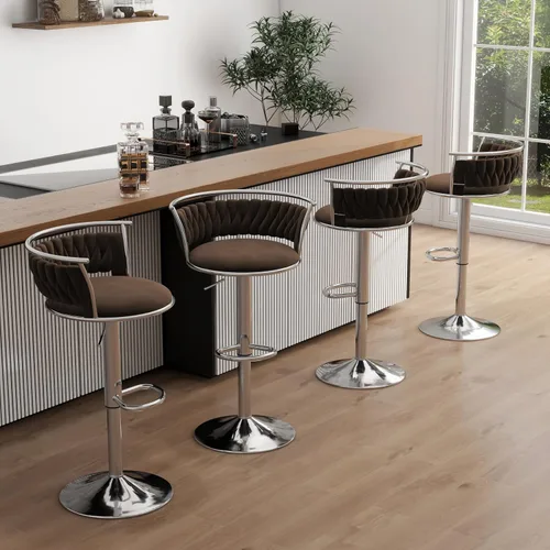 Miniatura 47 de Juego de 2 taburetes de bar giratorios de 360°, silla de bar de terciopelo ajustable a altura de mostrador moderna, taburete de metal plateado