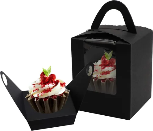 Miniatura 6 de EUSOAR Cajas para cupcakes individuales, color negro, 50 unidades, 3.6 x 3.6 x 4.3 pulgadas, portador de cupcakes con insertos y soportes