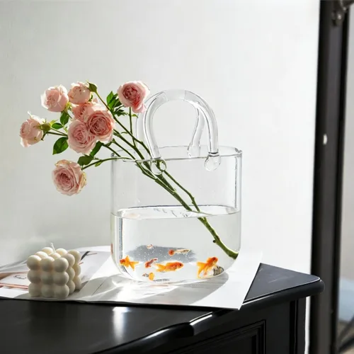 Miniatura 4 de Noamus Florero Bolso para Flores, Jarrones Únicos de Vidrio Transparente en Forma de Bolsa con Asa, Florero de Flores con Forma de Bolso Pecera