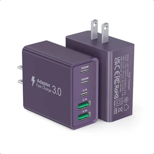Miniatura 10 de [Paquete de 2] Cargador de pared USB C, bloque de cargador tipo C de 60 W, bloques de carga rápida de 5 puertos, enchufe multipuerto 3USB C+2USB A