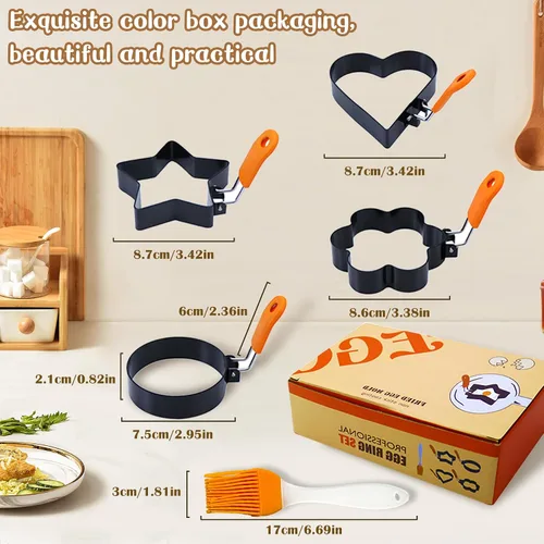 Miniatura 2 de EKIND Juego de anillos de huevo antiadherentes con mango de silicona, estrella, corazón, flor, formas redondas + cepillo de aceite, molde de huevo