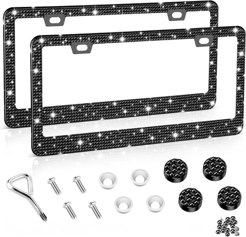 Miniatura 14 de Amiss Marco de matrícula brillante para mujer, 1 paquete de diamantes de imitación hecho a mano de cristal de acero inoxidable de alta calidad, Negro