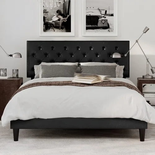 Miniatura 3 de IMUsee Base de cama tapizada de piel sintética tamaño Queen con cabecera capitoné con botón ajustable, listones de madera y soporte de rieles