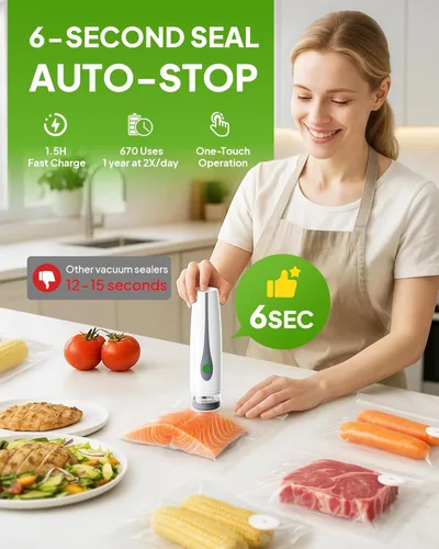 Miniatura 4 de Sellador al vacío compacto para alimentos (máquina selladora al vacío de mano + 30 bolsas al vacío reutilizables), potente sellador de alimentos