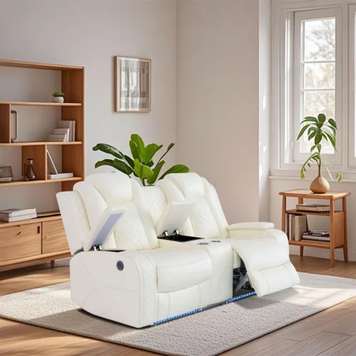 Miniatura 24 de Juego de sofá reclinable de cuero eléctrico con LED, juego de sala de estar de cuero, juego de sofá reclinable con puerto USB/soporte