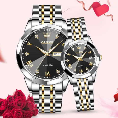 Miniatura 73 de OLEVS Juego de 2 relojes de cuarzo para parejas de San Valentín, calendario luminoso, ventana de fecha, 3 ATM, impermeable, casual, acero
