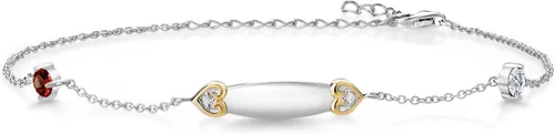 Gem Stone King Pulsera tobillera de plata 925 y oro amarillo de 10 quilates personalizada granate rojo G-H cultivado en laboratorio con nombre de