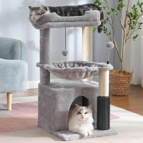 Miniatura 9 de Árbol para gatos pequeños de 32 pulgadas para gatos grandes, torre para gatos adultos con poste rascador, hamaca grande de 15.7 pulgadas y auto Beige
