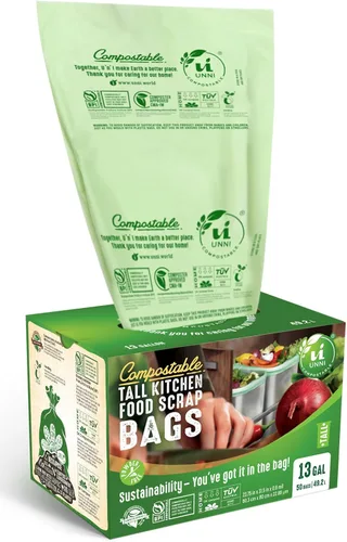 UNNI Bolsas de basura compostables, 13 galones / 49.2 litros, 50 unidades, extragruesas de 0.9 mil de alto, para basura de cocina, certificado por