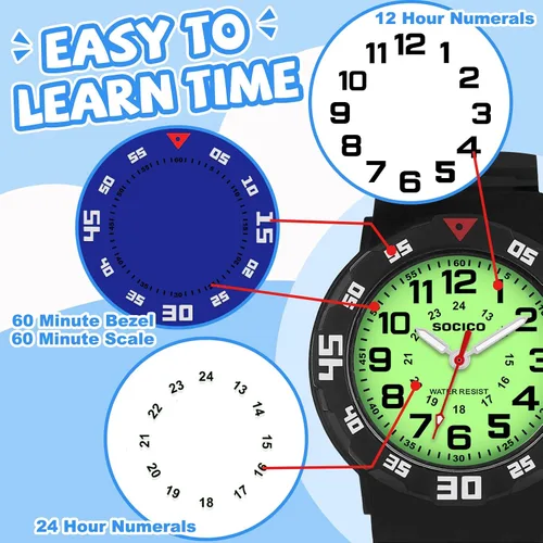 Miniatura 3 de SOCICO Reloj analógico para niños y niñas, resistente al agua, con banda suave, reloj de pulsera de tiempo de aprendizaje, fácil de leer para niños