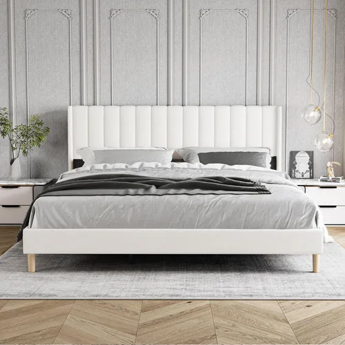 Miniatura 3 de Base de cama tapizada de tamaño individual con cabecero, listones de madera fuertes, no necesita somier, fácil montaje, terciopelo beige