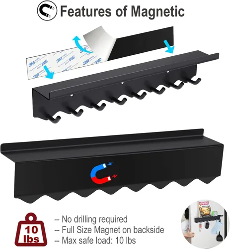 Miniatura 4 de Volnamal Soporte de pared para llaves, ganchos magnéticos para llaves y bandeja organizadora de correo con 8 ganchos, colgador adhesivo para llaves
