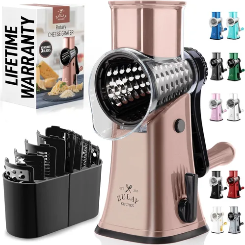 Miniatura 19 de Zulay Kitchen Rallador rotativo de queso de 5 cuchillas, rallador de queso manual de manivela con succión reforzada y 5 tambores intercambiables