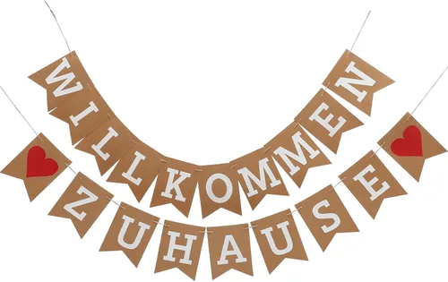 Amosfun Banner de bienvenida a casa con letra alemana WILLKOMMEN ZUHAUSE - Guirnalda de banderines rústica para reuniones familiares, accesorios