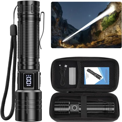 Linternas AdamStar de alto lúmenes recargables, súper brillantes, linterna LED táctica con haz regulable y zoom, pequeñas y potentes
