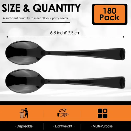 Miniatura 2 de Kochorie Paquete de 180 cucharas de plástico negras, utensilios desechables resistentes, 6.8 pulgadas, cucharas negras para fiesta a granel