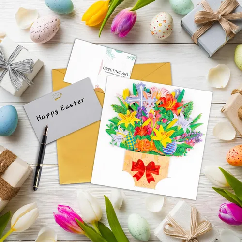 Miniatura 5 de GREETING ART Tarjeta desplegable de Pascua, diseño de ramo de conejo de cruz de lirio colorido 3D, tarjetas de felicitación de ramo de Pascua 3D