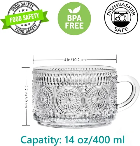 Miniatura 2 de Amzcku Tazas de té de café vintage, tazas de vidrio de 14 onzas, juego de 2 vasos en relieve con asa, para capuchino, café con leche, cereales