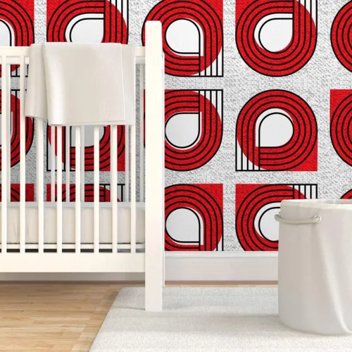 Miniatura 6 de Muestras de papel tapiz para despegar y pegar, Bauhaus rojo y blanco, moderno, abstracto, geométrico, círculos negros, gráfico, papel tapiz