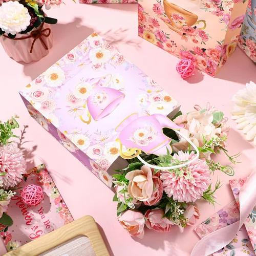 Miniatura 4 de Lincia Paquete de 24 bolsas de regalo de fiesta de té, decoraciones de tazas de té, bolsas florales para golosinas con asas y diseño de tetera