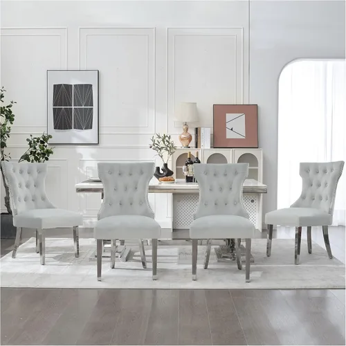 Miniatura 13 de adochr Juego de 2 sillas de comedor de terciopelo, sillas de cocina tapizadas con patas de metal, respaldo abotonado moderno con anillo de tracción