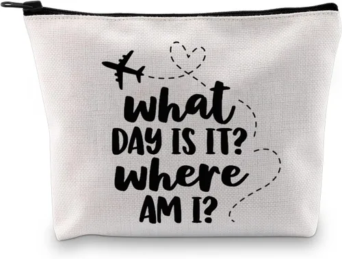 G2TUP Regalo de asistente de vuelo What Day Is It Where Am I Bolsa de maquillaje Azafata Bolsa de cosméticos de aviación Bolsa de viaje para azafata