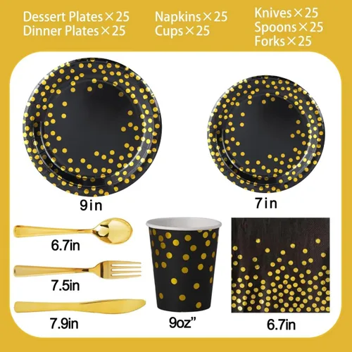 Miniatura 2 de 175 piezas de suministros de fiesta negros y dorados, lunares dorados en platos de papel negro, servilletas y vasos, cubiertos de plástico dorado