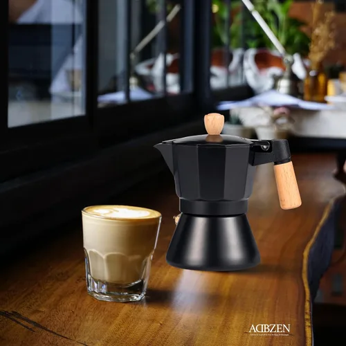 Miniatura 6 de Moka Pot - Cafetera para estufa, estilo italiano, cafetera clásica con mango de madera natural (3 tazas)