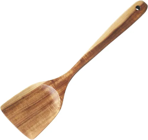 FJNATINH Espátula grande de madera para wok, 13 pulgadas de teca natural de mango largo recubierto de resina natural, hecha a mano para utensilios
