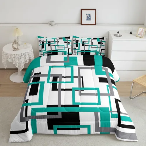 Miniatura 48 de Erosebridal Edredón Cuadrado para Niños y Niñas, Juego de Ropa de Cama Negro y Gris Blanco Azul Marino, Juego de Edredón Geométrico Completo