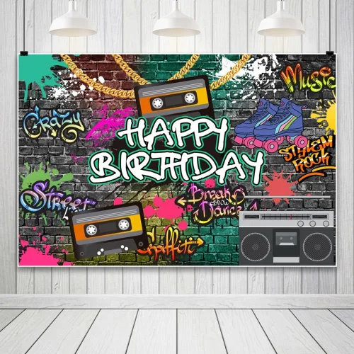Miniatura 3 de AOFOTO Telón de fondo de feliz cumpleaños de los años 80 y 90, de 5 x 3 pies, tema de regreso a los 80, 90, hip-hop, rock, fondo de cumpleaños