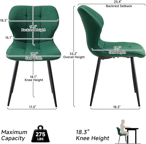 Miniatura 2 de Juego de 4 sillas de comedor, tela resistente al agua, modernas sillas tapizadas para comedor y cocina con patas de metal, color verde (solo sillas)