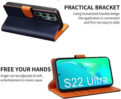 Miniatura 3 de Funda compatible con Samsung S22 Ultra, de piel auténtica, con bloqueo RFID, función atril, cierre magnético fuerte, ranuras para tarjetas